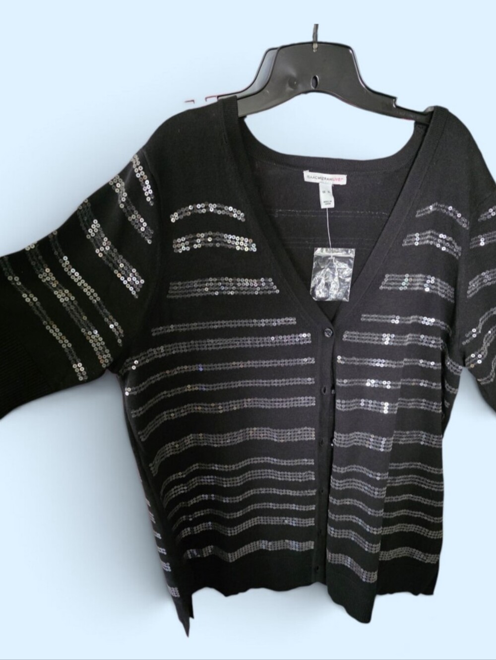 Isaac Mizrahi Black Cardigan, Silver Sequin Stripes, Elblow Length Sleeve. XL